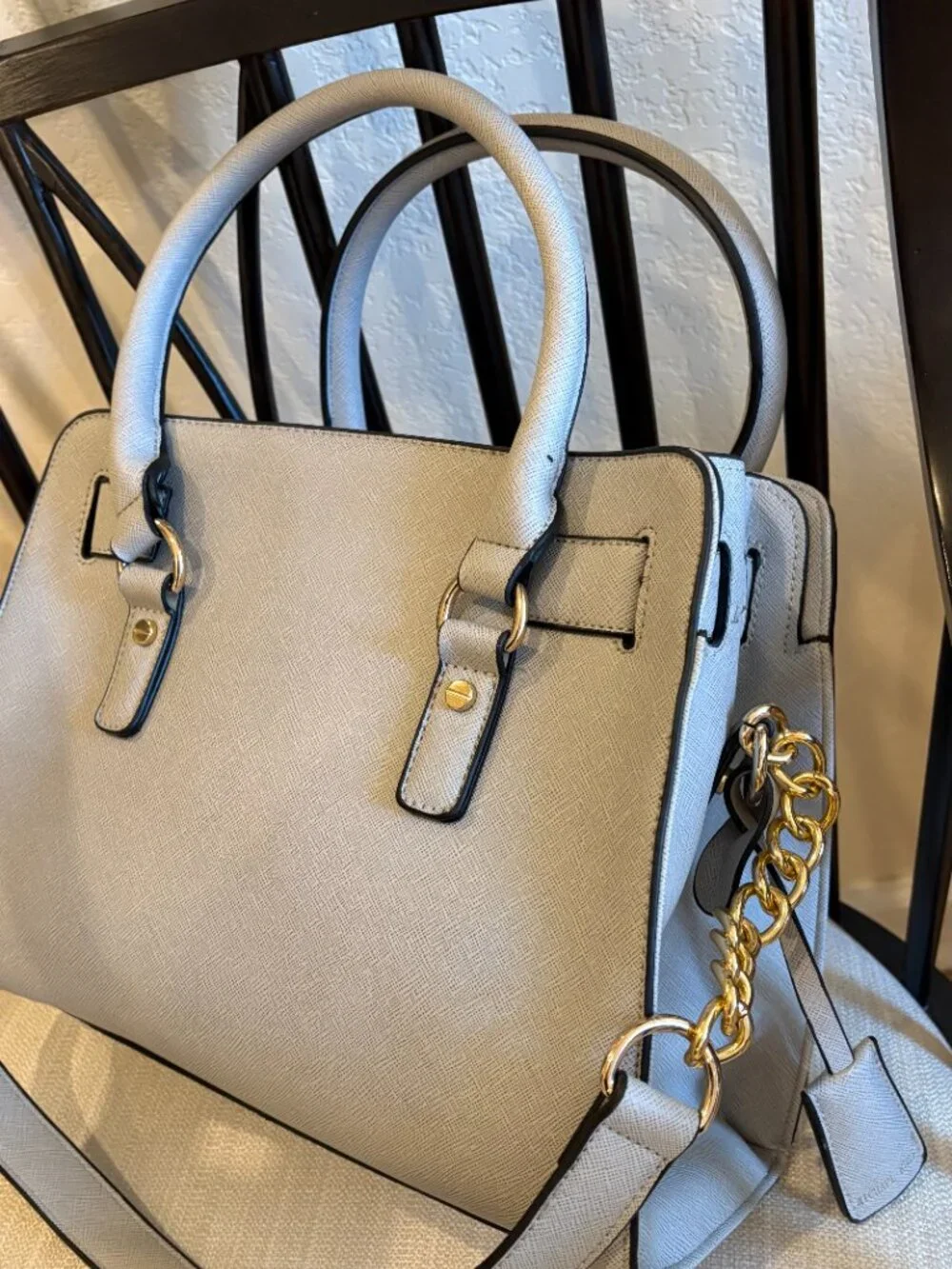 Michael Kors Hamilton Saffiano Leather Medium Satchel Light Grey Gold Hardware